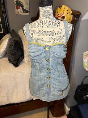 Vintage Apple Bottoms Y2K Light Wash Denim Bustier Mini Dress with Gold Accents